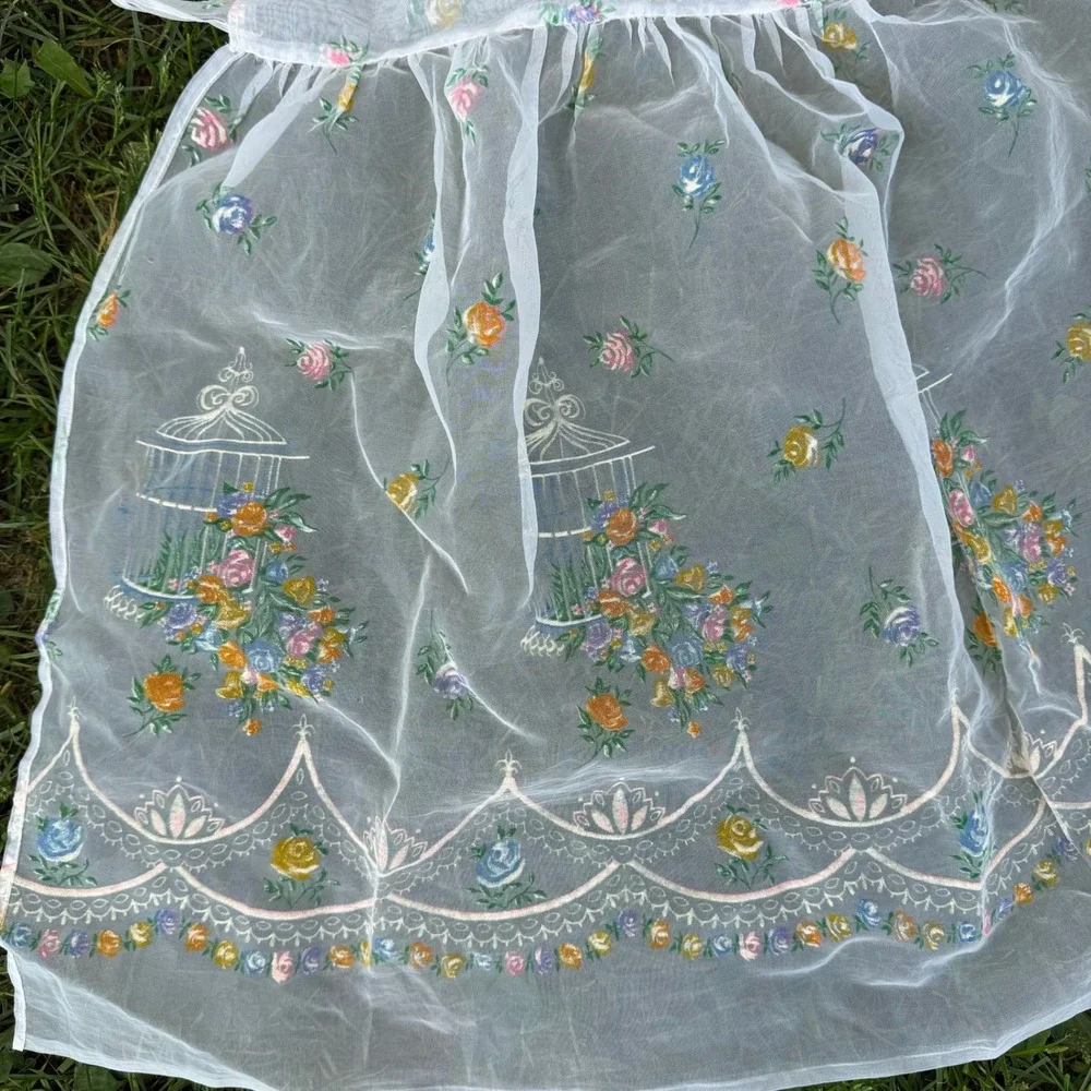 Vintage Half Apron White Sheer Floral Birdcage Scalloped Organza Retro 50s